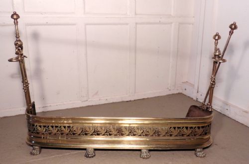 fig 1. Victorian Pierced Brass Fender  with Fire Irons