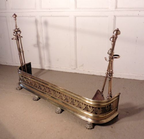 fig 2. Victorian Pierced Brass Fender  with Fire Irons