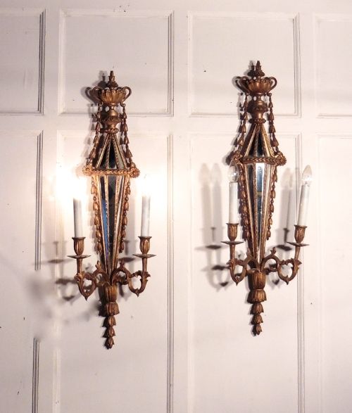 A Large Pair of 19th Century Gilt Wood Giroles or Wall Sconces