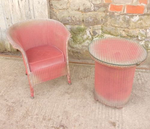 fig 1. Pink Lloyd Loom Easy Chair and Matching Table, Laundry Basket
