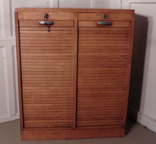 French Tambour Double Fronted Golden Oak Art Deco Filing Cabinet