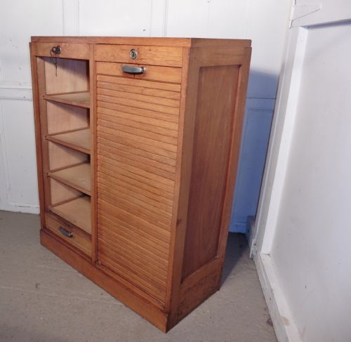 fig 1. French Tambour Double Fronted Golden Oak Art Deco Filing Cabinet