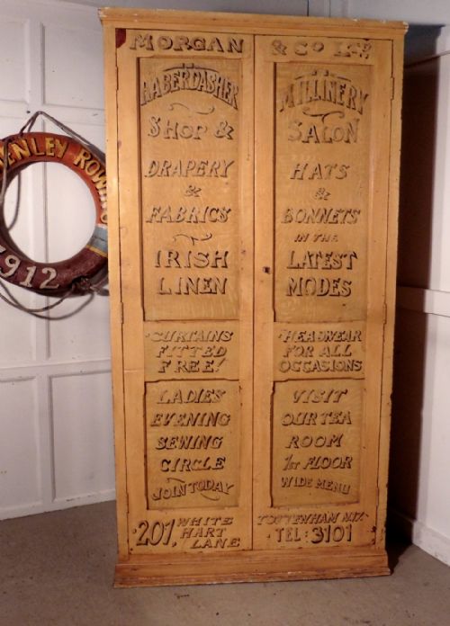 Victorian Sign Painted Pine Cupboard, Haberdashery Shop Display