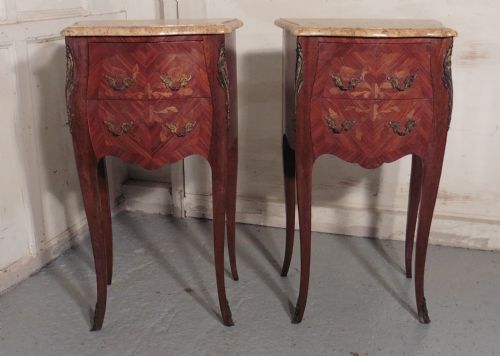 A Pair of Inlaid French Bombe Serpentine Bedside Cupboards