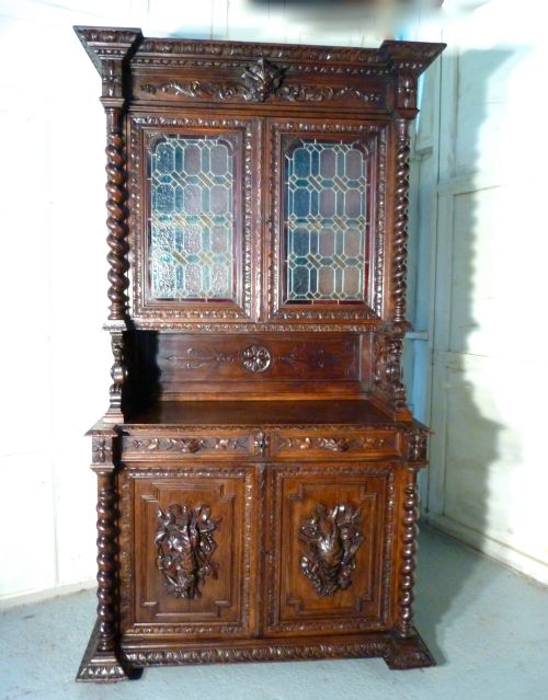Carved Oak Bookcase, Stained Glass, Buffet De Corps