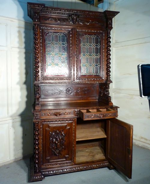 fig 3. Carved Oak Bookcase, Stained Glass, Buffet de Corps