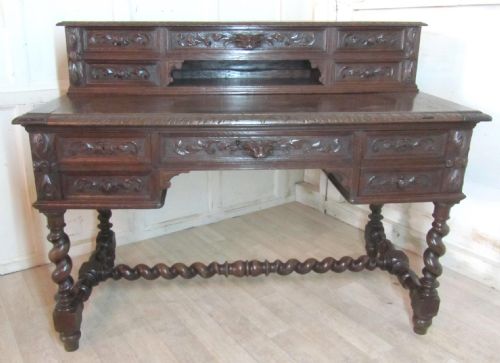 Carved French Oak Bonheur De Jour or Writing Table, Desk