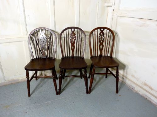 fig 1. A Harlequin Set of 6 Victorian Beech & Elm Wheel Back Windsor Kitchen Dining Chairs