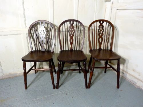 fig 2. A Harlequin Set of 6 Victorian Beech & Elm Wheel Back Windsor Kitchen Dining Chairs