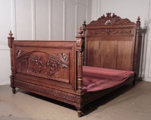 French Carved Chestnut Marriage Double Bed