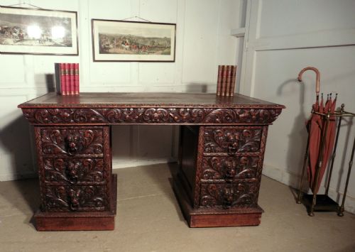 A Superb Victorian Green Man Carved Oak Pedestal Desk