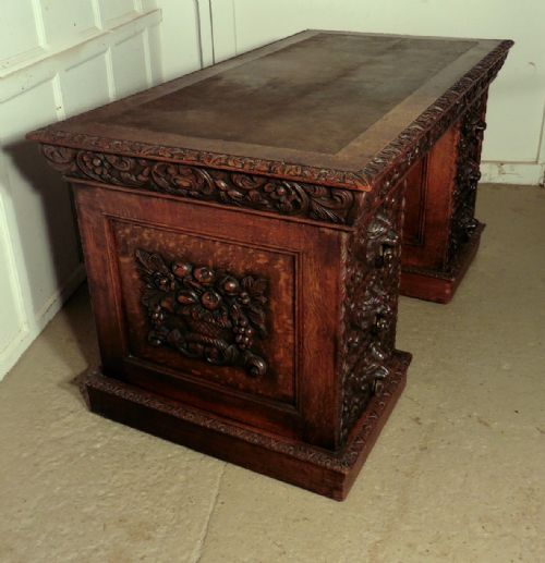 fig 1. A Superb Victorian Green Man Carved Oak Pedestal Desk