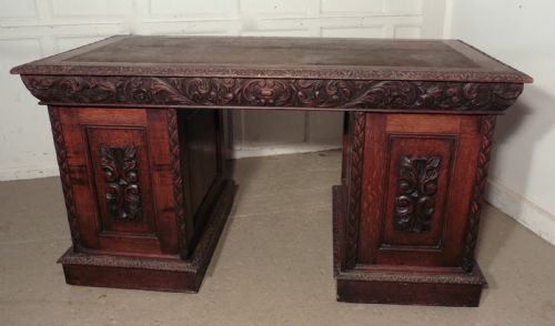 fig 3. A Superb Victorian Green Man Carved Oak Pedestal Desk