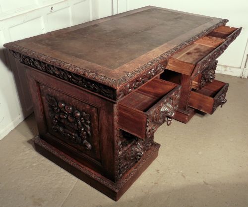 fig 4. A Superb Victorian Green Man Carved Oak Pedestal Desk