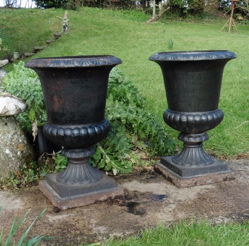 Pair of Very Large Victorian Cast Iron Urns, Garden Planters