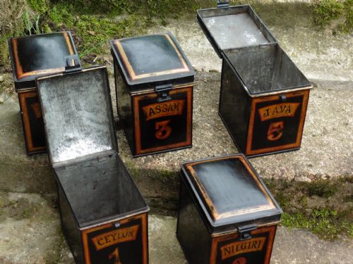 fig 1. Set of 5 Victorian Grocers Tolewear Tea Canisters