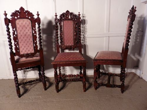 fig 1. A Good Set of 6 Victorian Gothic Jacobean Style Oak Dining Chairs
