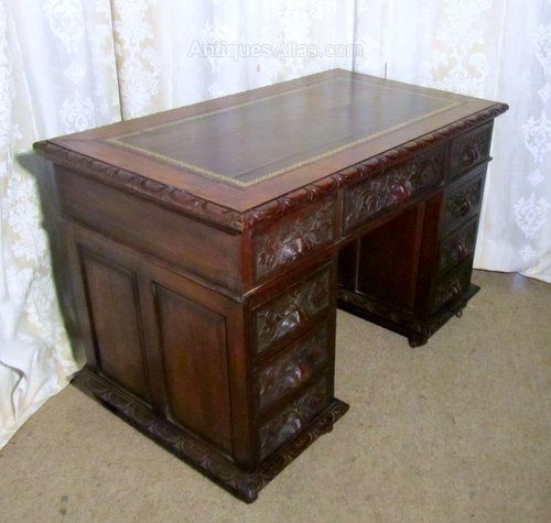Victorian Green Man Carved Oak Pedestal Desk
