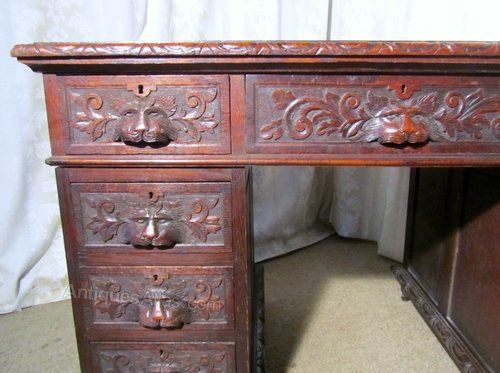 fig 1. Victorian Green Man Carved Oak Pedestal Desk