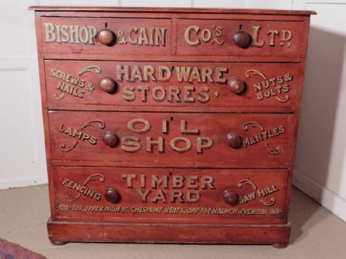 Stained Pine Chest of Drawers, Advertising Bishop and Cain Ironmongers