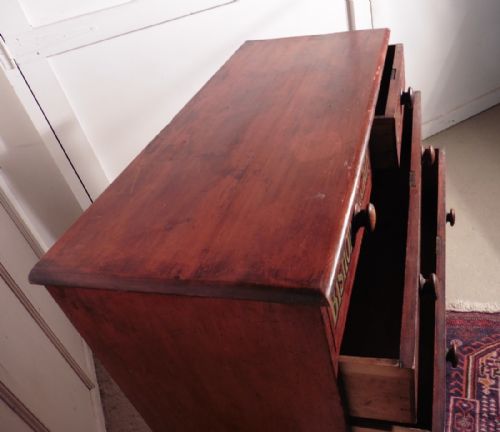 fig 1. Stained Pine Chest of Drawers, Advertising Bishop and Cain Ironmongers