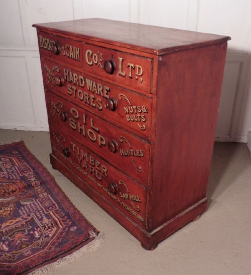 fig 2. Stained Pine Chest of Drawers, Advertising Bishop and Cain Ironmongers