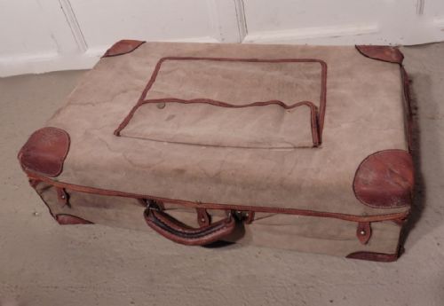 French Art Deco Leather Suit Case with Original Canvas Cover