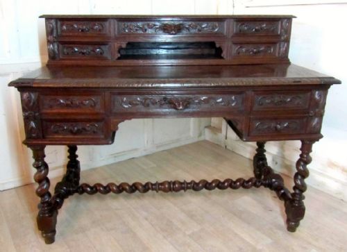 Carved French Oak Bonheur De Jour or Writing Table