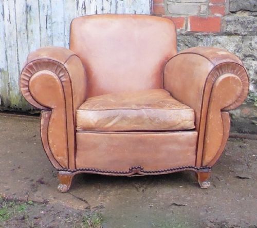 A Superb Very Stylish French Aged Leather Art Deco Club Chair