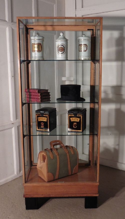 Art Deco, Golden Oak Vitrine or Tall Shop Display Cabinet