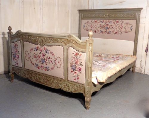 French Embroidered Upholstered Double Bed, Shabby and Chic