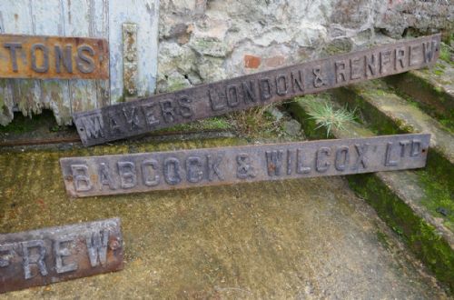 fig 1. Cast Iron Industrial Ship Yard Signs From Babcock and Wilcox, London and Renfrew