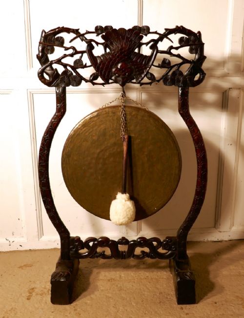 Oriental Carved Rosewood, Brass Dinner Gong