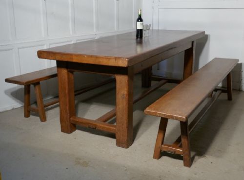 French Country Oak Farmhouse Table and Benches