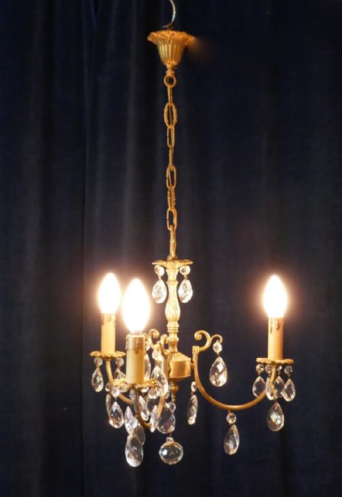 A Charming French Cut Glass and Brass 3 Branch Chandelier