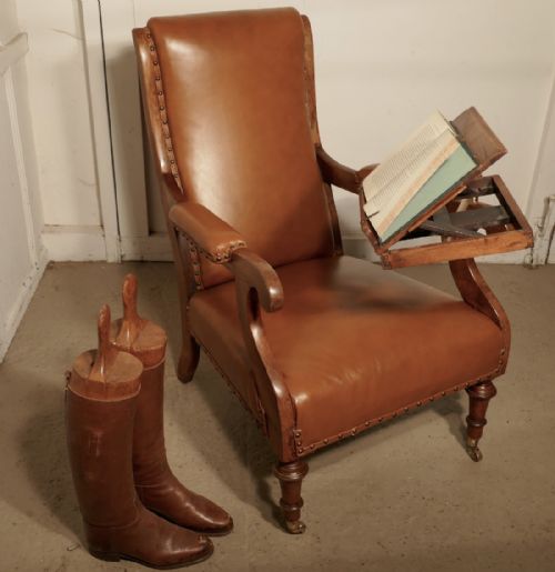 Walnut and Leather Gentleman’s Library Chair with Reading Stand