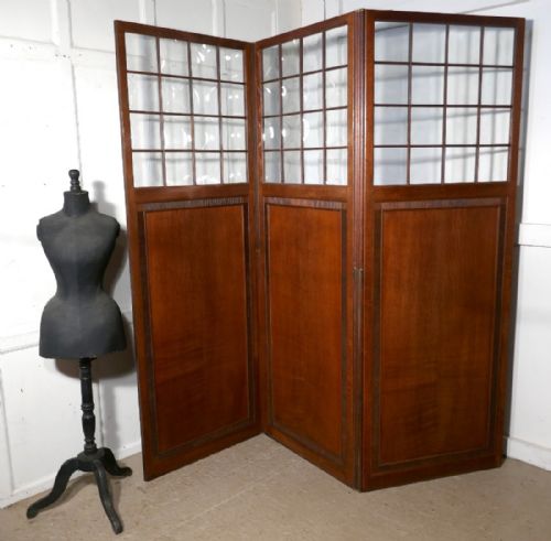 Large Victorian Arts and Crafts Carved Golden Oak and Glass 3 Fold Screen, Room Divider