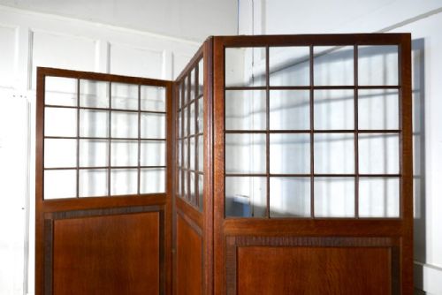 fig 1. Large Victorian Arts and Crafts Carved Golden Oak and Glass 3 Fold Screen, Room Divider