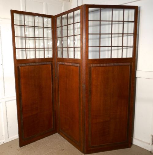 fig 2. Large Victorian Arts and Crafts Carved Golden Oak and Glass 3 Fold Screen, Room Divider