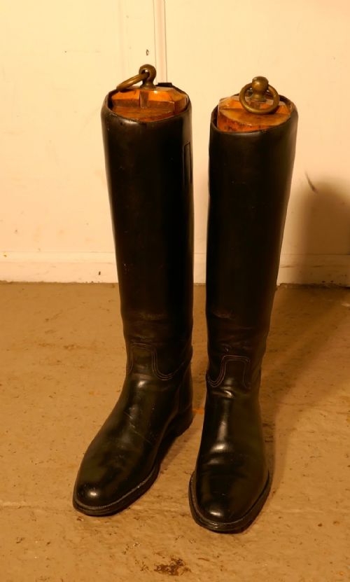 Pair of Antique Leather Riding Boots with Wooden Trees