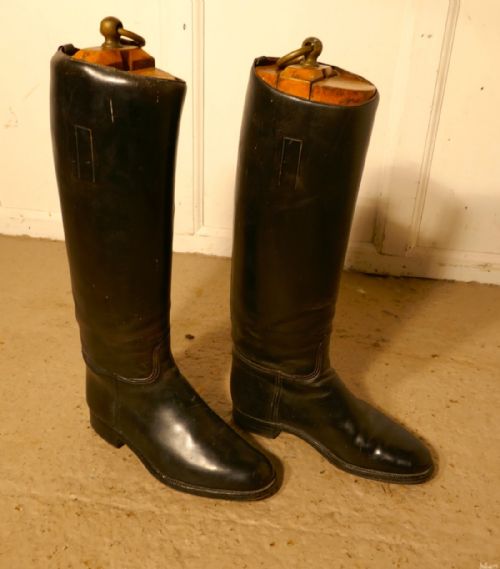 fig 1. Pair of Antique Leather Riding Boots With Wooden Trees