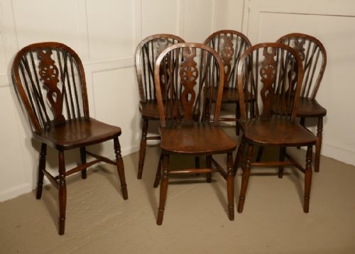 A Set of 6 Victorian Beech & Elm Wheel Back Windsor Kitchen Dining Chairs