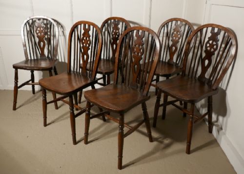 fig 1. A Set of 6 Victorian Beech & Elm Wheel Back Windsor Kitchen Dining Chairs