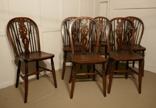 fig 2. A Set of 6 Victorian Beech & Elm Wheel Back Windsor Kitchen Dining Chairs