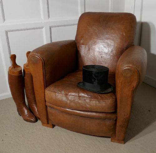 A Superb Very Stylish French Aged Leather Art Deco Club Chair