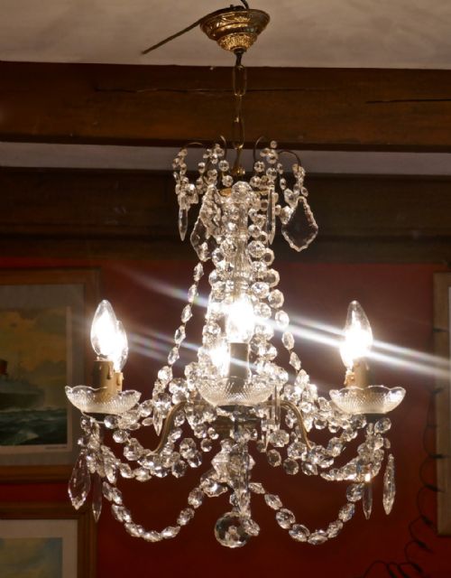 fig 1. A Charming French Crystal 6 Branch Brass Chandelier