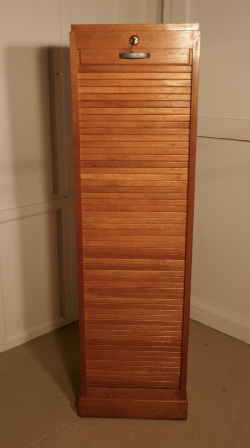 A French Tambour Fronted Oak Art Deco Filing Cabinet