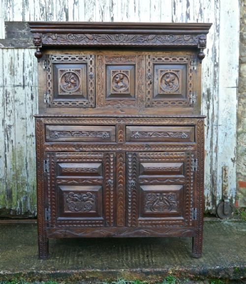 17th  Century Carved Oak Court Cupboard, Cottage Livery Cupboard
