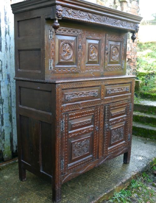 fig 1. 17th  Century Carved Oak Court Cupboard, Cottage Livery Cupboard 