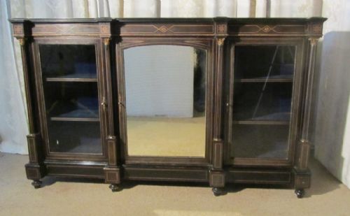 Black Lacquer Break Front Glazed Bookcase Credenza